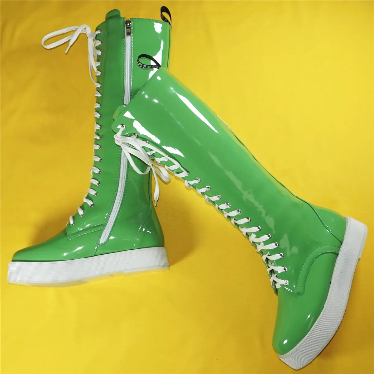 Winter Fashion Sneakers Women Lace Up Patent Leather Knee High Boots Female Round Toe Thigh High Platform Pumps Casual Shoes