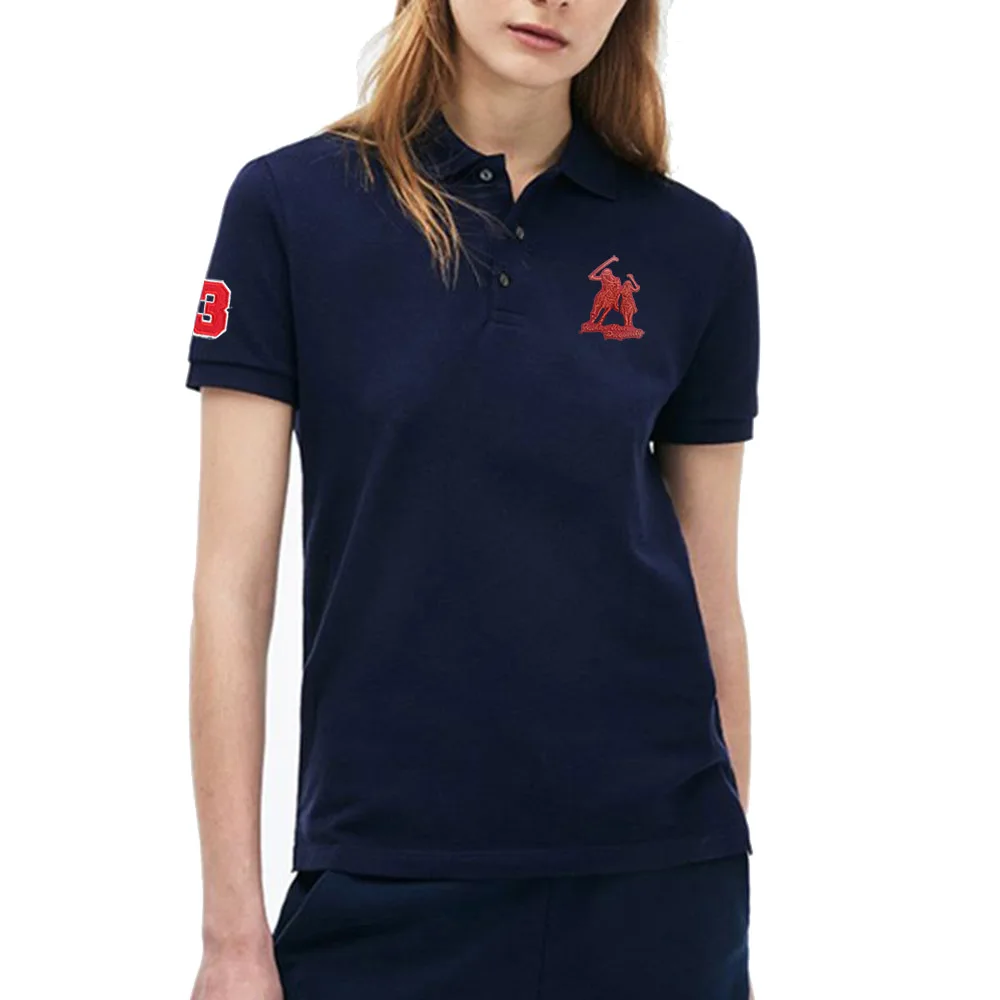 Women Spring Summer Slim Polo Shirts No.3 Embroidery Horse Short-Sleeved 95% Pique Cotton Home Button Placket Golf Tennis Tops