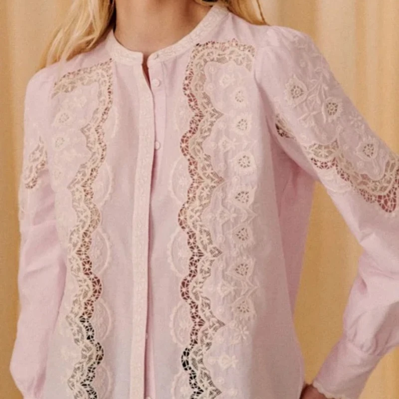 

Женская кружевная рубашка с вышивкой, осенняя рубашка из чистого хлопка с длинным рукавом и круглым вырезом, 2023