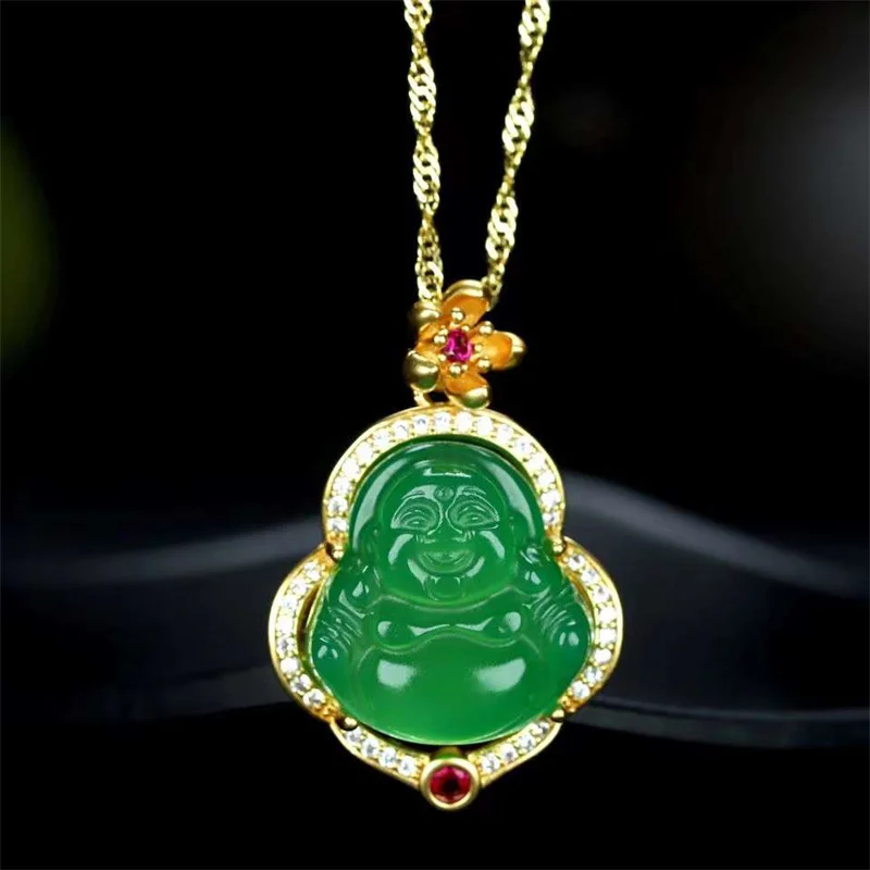 

Hot Selling Natural Hand-carved Jade Inlay Gold Color 24k Buddha Necklace Pendant Fashion Jewelry Men Women Luck Gifts