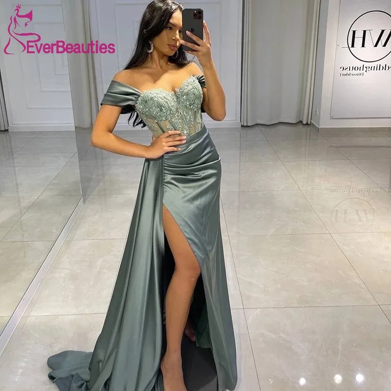 

Sexy Prom Evening Dresses Long Off the Shoulder Party Dress 2023 Appliques High Split Cocktail Gown Saudi Arabia Dubai