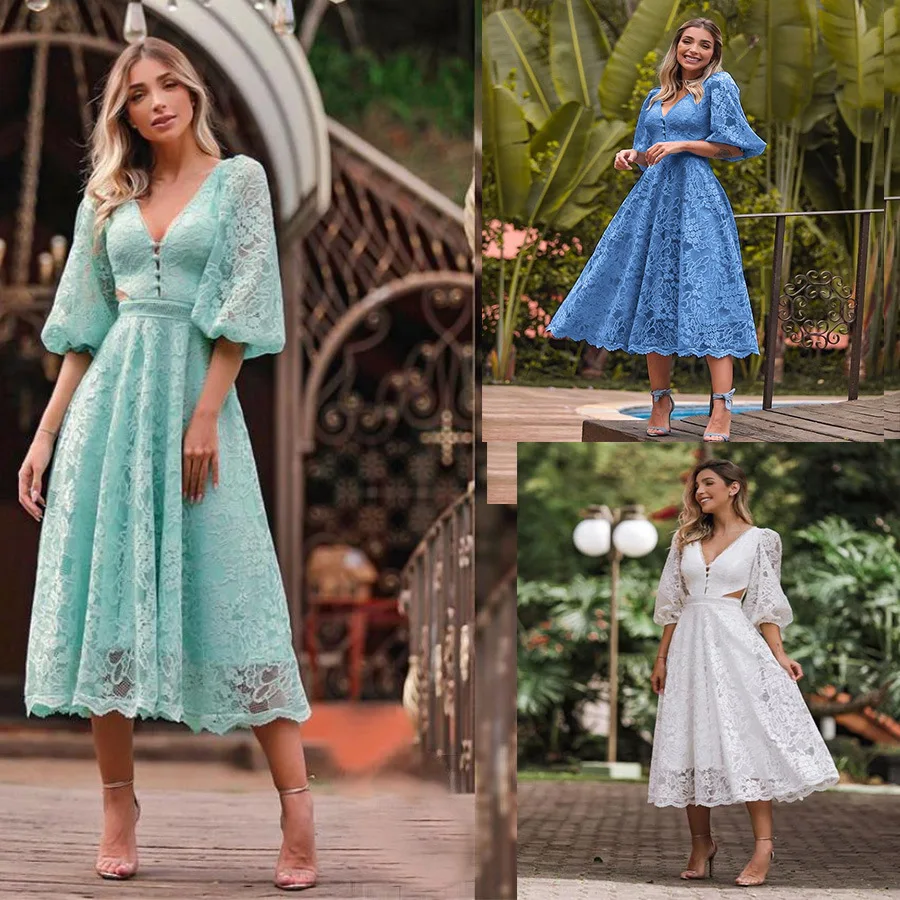 

2022 Spring Summer New Mid-sleeve Lace Dress Large Swing Skirt Mid-skirt Solid Color Lace Mid-length Skirt