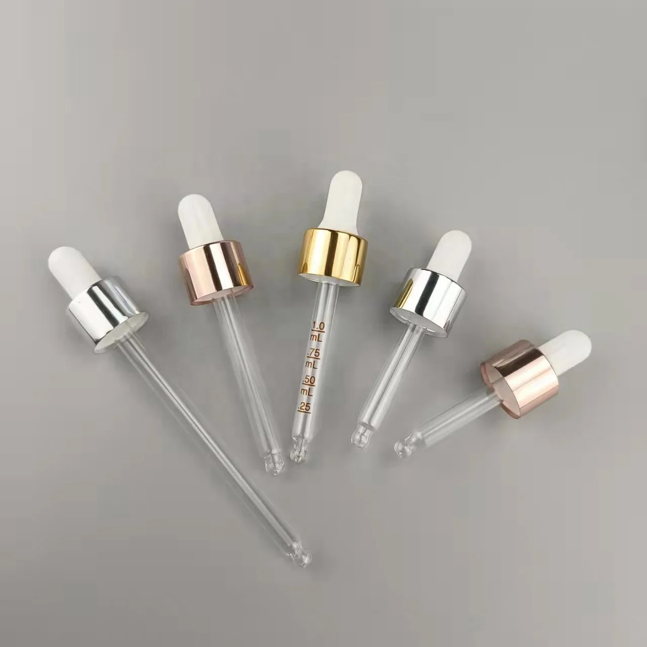 50pcs/lot rose gold dropper cap 18mm shiny silver gold aluminum dropper cap with glass pipette for essential oil bottles