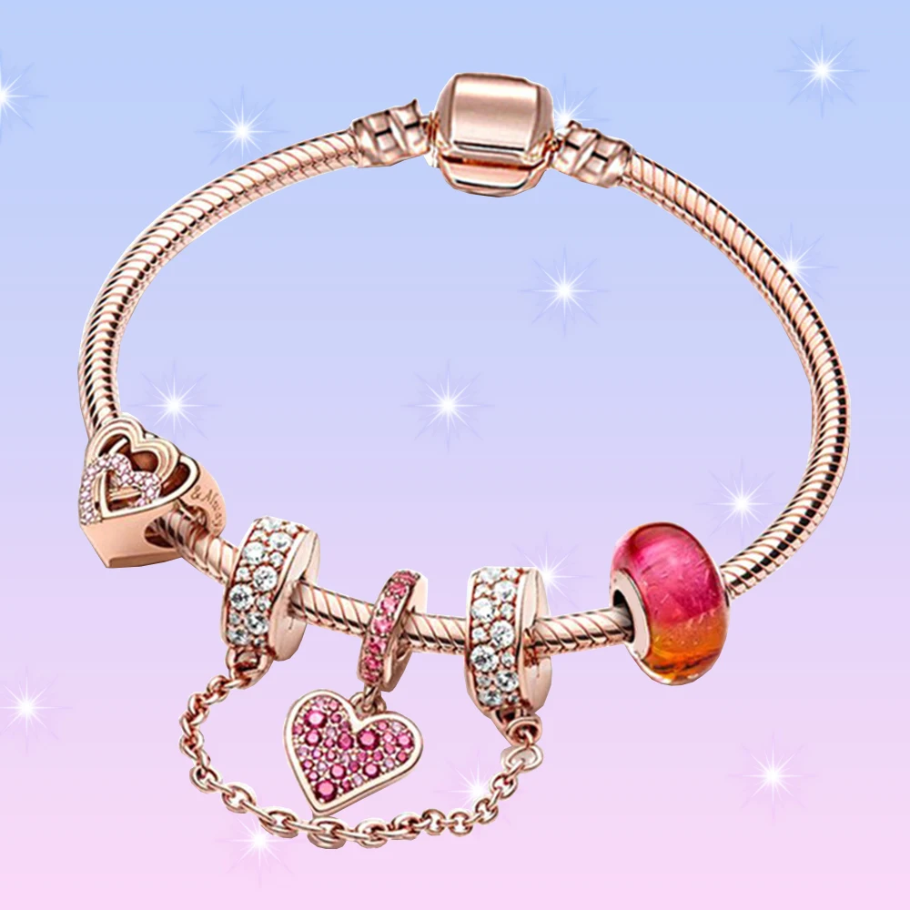 

Rose Gold Pavé Heart Snake Bone Bracelet 925 Silver Banquet Original Jewelry Gift fit for Ladies
