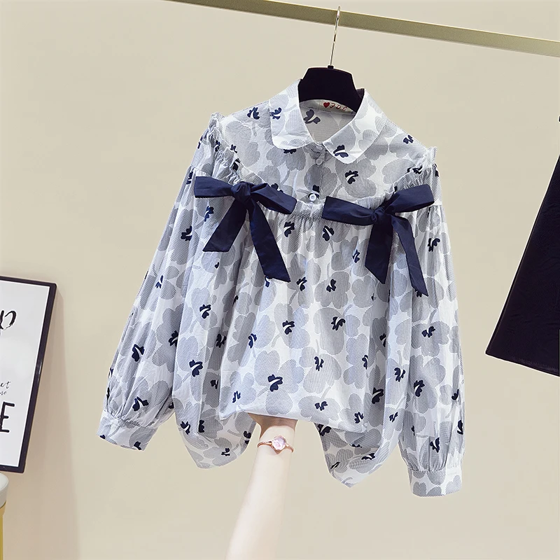 

2022 Autumn Spring New Bow Showa Turn-down Collar Full All Match Casual Shirts Women Tops