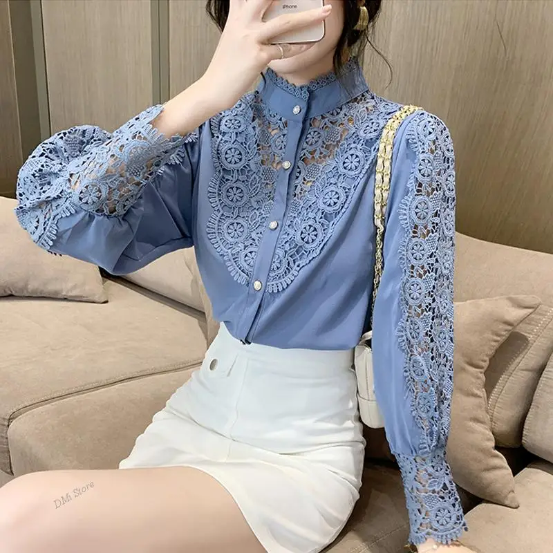 

DIMI Female Stand Collar Long Sleeve Blouses Women Casual Spring Lace Shirts For Women New Korean Hollow Out White Blouse Tops