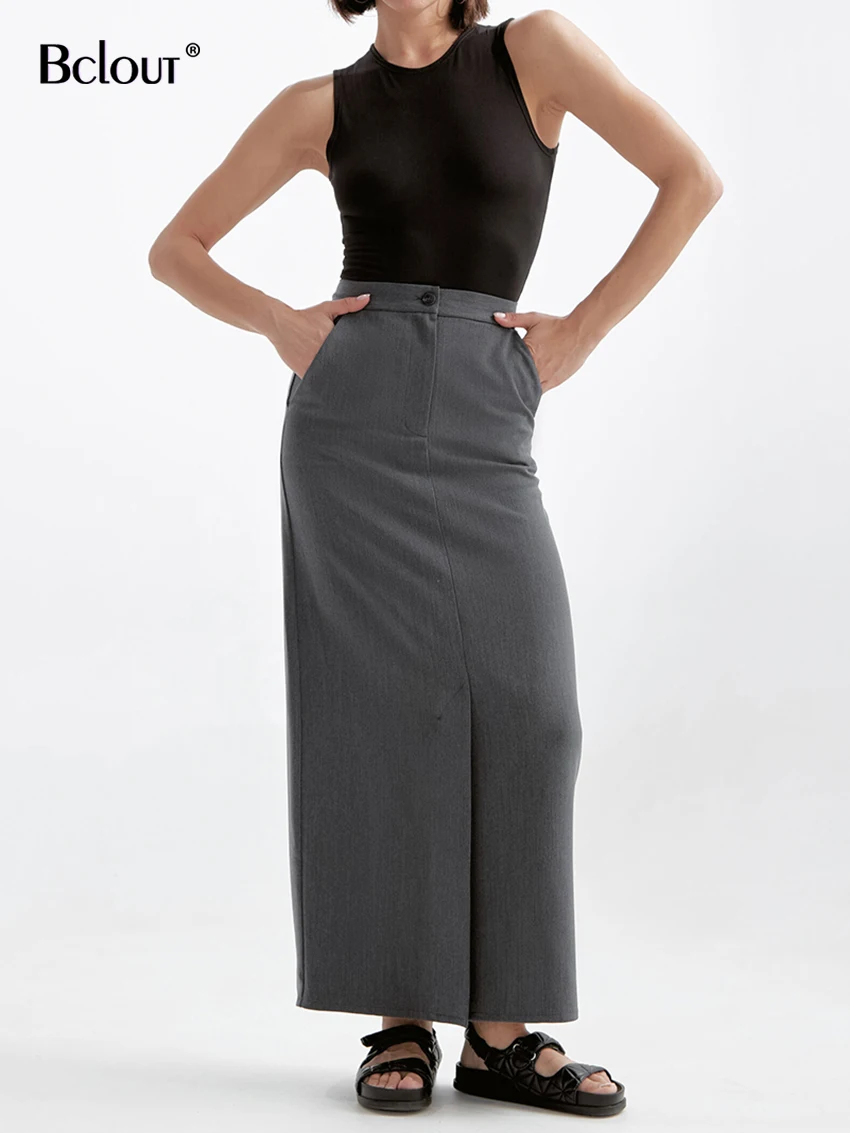 

Элегантная серая юбка с разрезом Bclout, модная однотонная Офисная Женская прямая юбка, осенняя юбка-трапеция с карманами для женщин, 2023