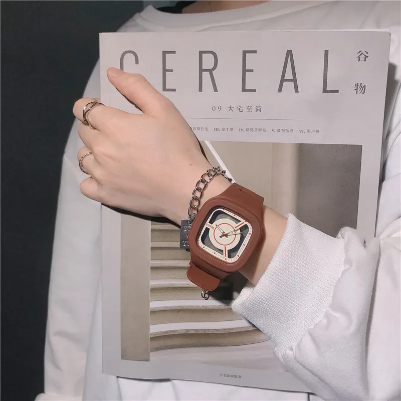 

Fashion Square Quartz Innovative Dial Casual Wrist Watches Rubber Strap Fashionable Clock Waterproof Wristwatch for Women