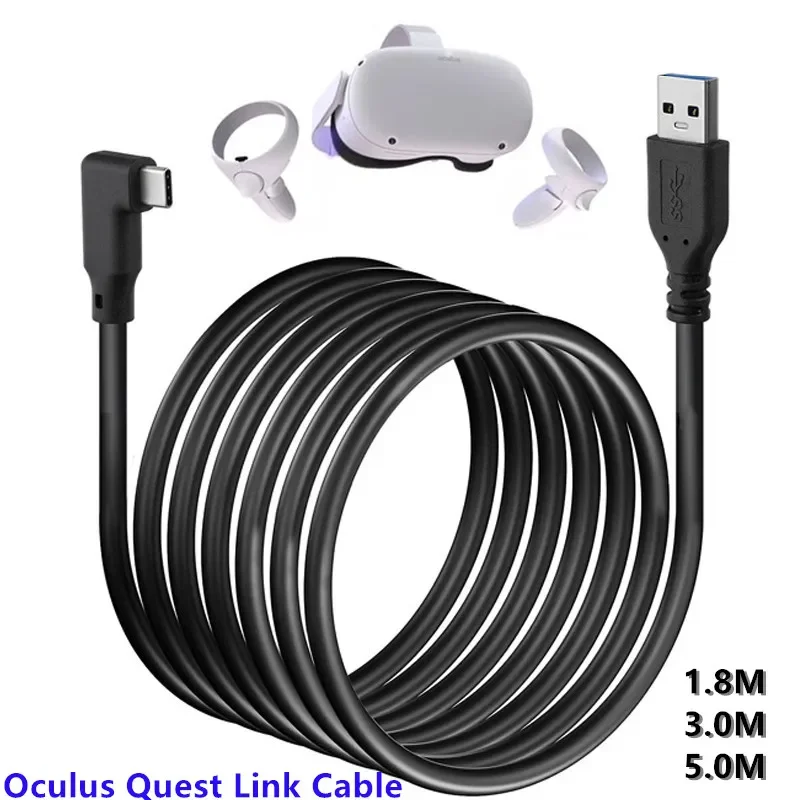 Фото Кабель USB C 90 градусов, 5 Гбит/с, 3 А, шнур для быстрой зарядки для Oculus Quest Link 2 для VR, ПК, игровое зарядное устройство типа C, 1,8 м, 3 м, 5 м №1
