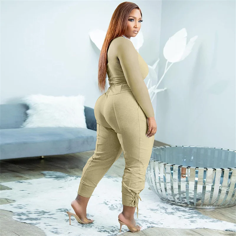 5xl Plus Size Sets For Women Solid Shirt And Bandage Pencil Pants 2022 Autumn Two Piece Set Fashion Sweatshirt Wholesale Clothes