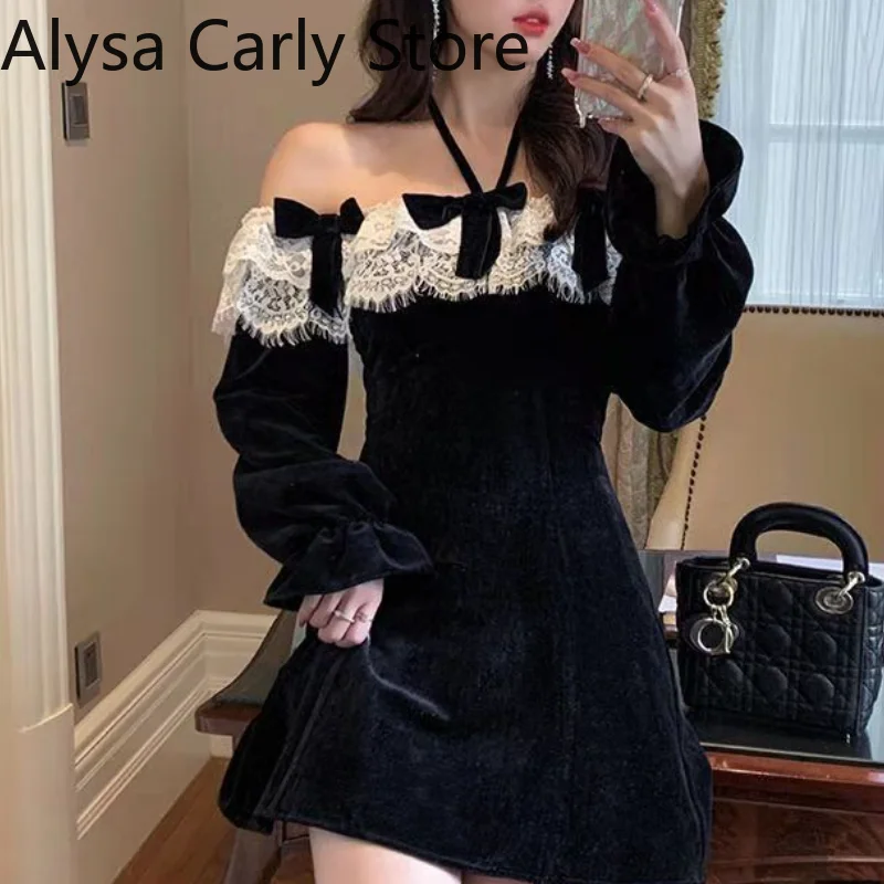 

2022 Spring Vintage Gothic Dress Women Black Lace Patchwork Y2K Sexy Party Fairy Dress Female Casual Korean Retro Designer Dress