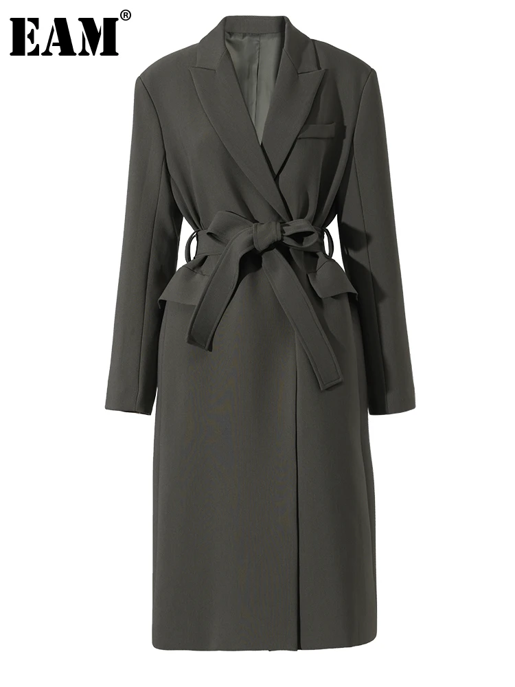 

[EAM] Women Belted Gray Green Big Size Long Blazer New Lapel Long Sleeve Loose Fit Jacket Fashion Spring Autumn 2023 1DF219806