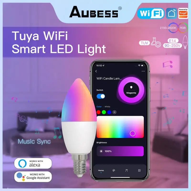 

Умсветильник лампа-свеча Tuya с Wi-Fi 3,0, E14, RGB, CW, WW, 5 Вт