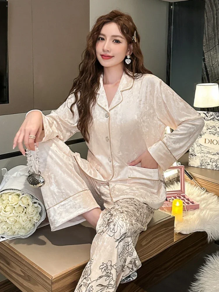 Осень/зима золотые бархатные пижамы комплект из 2 предметов женская домашняя