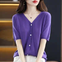 summer new wool knitted sweater womens high end v neck short sleeved thin section loose simple outer wear cardigan top