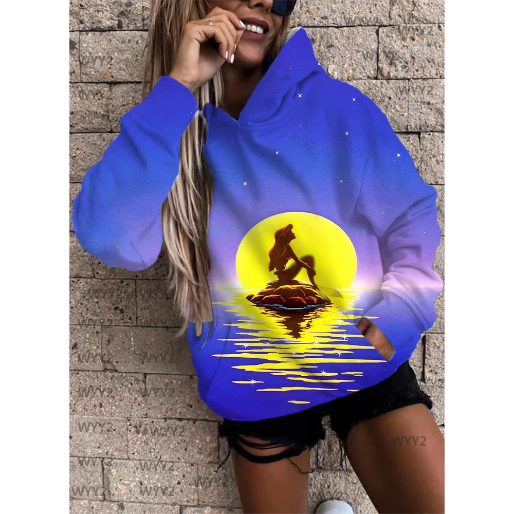 

Mermaid Princess Print Hoodie Women's Plush Long-sleeved With Cap Collar Loose Sweater Girls Female Hoodie Pullover Winter Fall