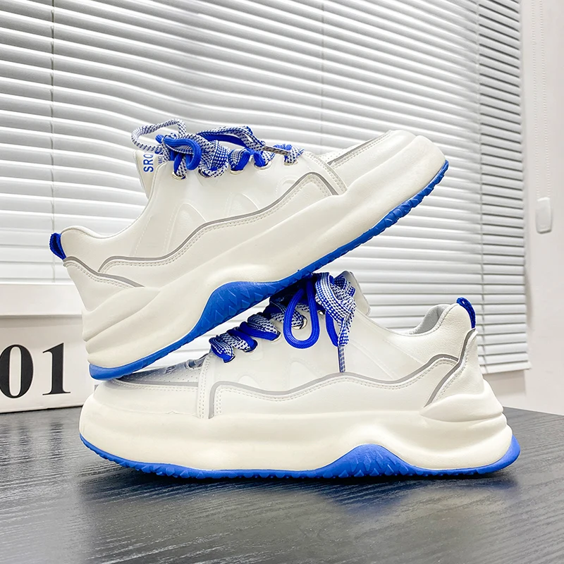 

Men Sneakers Casual Fashion Leather Mesh Breathable Height Increased Flat Platform Board Shoes Trend Easy Matching White Shoes