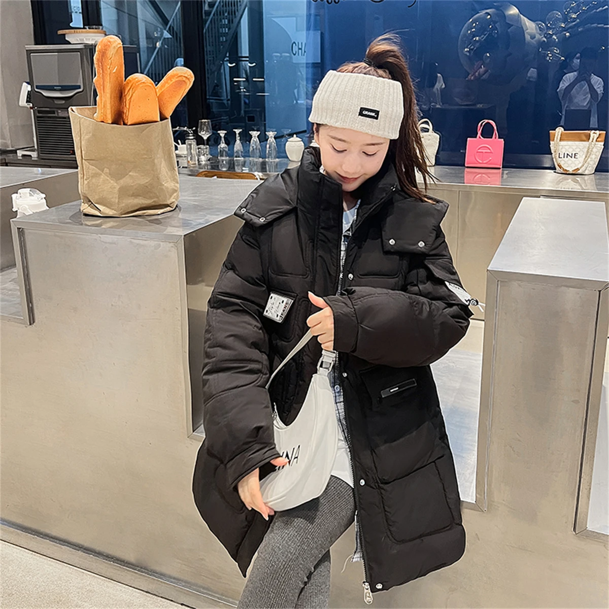 2022 Winter New Korean Zipper Stand Collar Cotton Shirt Women's Long Sleeve Loose Medium length Large Brand Down Cotton Coat