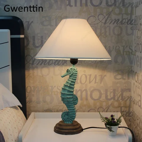 Полимерная Настольная лампа для морского конька, средиземноморские светодиодные осветительные приборы для детской комнаты, спальни, Подарочный Декор