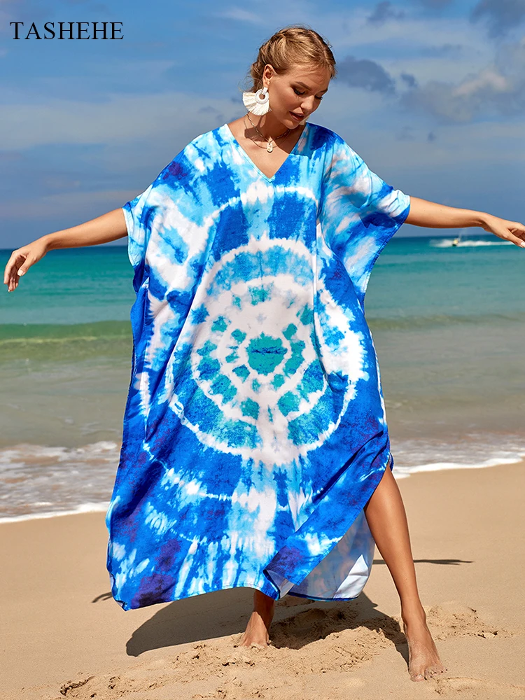 

New Rayon Blue Tie Dye Printed Robe Seaside Vacation Sunscreen Shirt Beach Long Skirt Bikini Swimsuits Women Swimsuit Cover-up