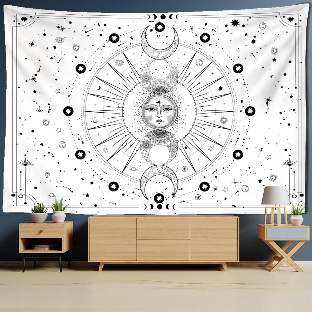 

White Sun Face Wall Hanging Tapestry Mystical Printed Tapestries 12 Constellations Bedroom Background Decor Wall Carpet