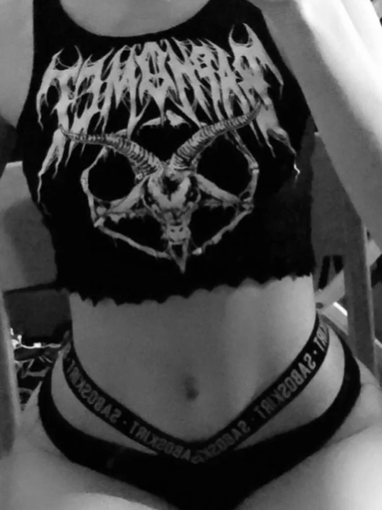 Готические вязаные черные топы на бретелях в стиле панк Mall Goth Grunge с принтом козла
