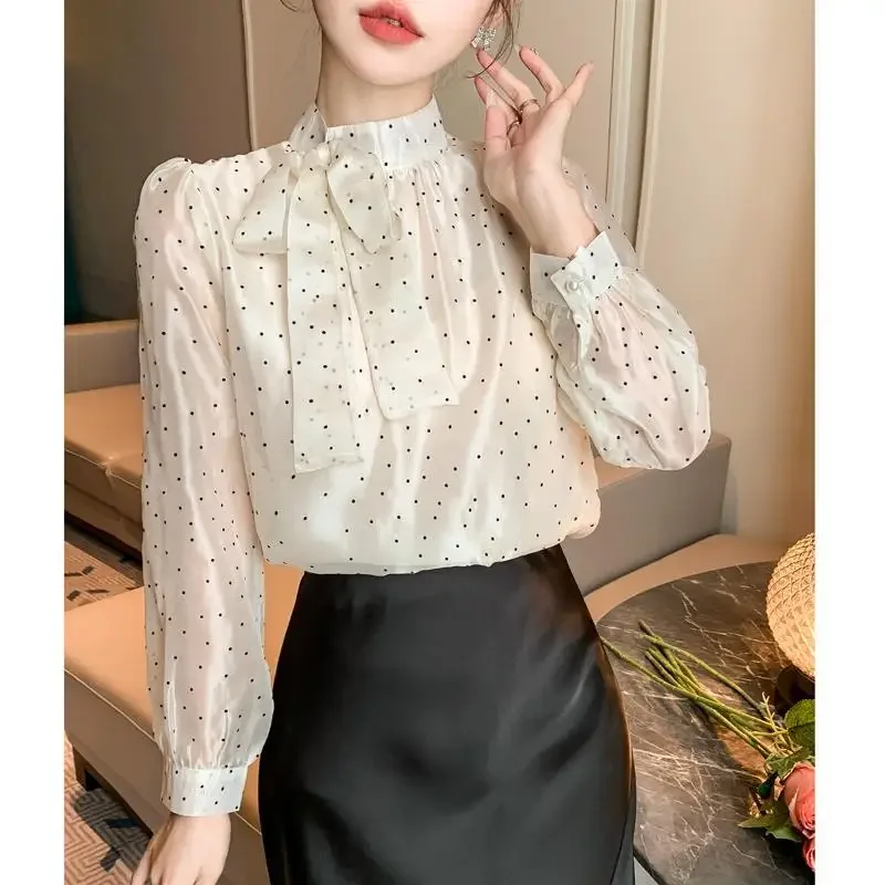 Новинка Осень 2024 Милая рубашка в горошек корейском и французском стиле женский