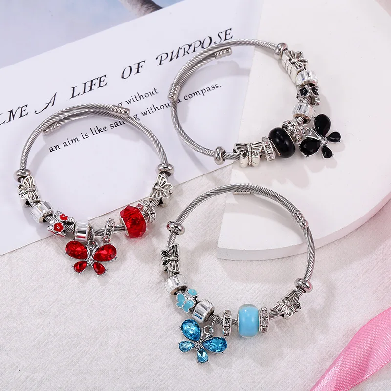 

Gold Adjustable Beaded Stainless Steel Wire Bracelet for Women Cute Crystal Butterfly Charm Women Cuff Bangle