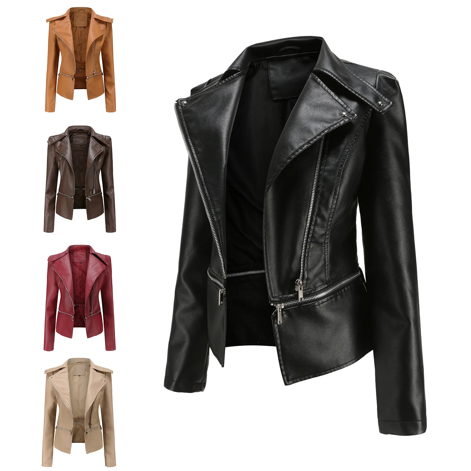Women Bike Coat PU Leather Outwear Zipper Outfit Spring Autumn WomeFashion Black Apricot Red Detachable Hem Female Jacket 2022