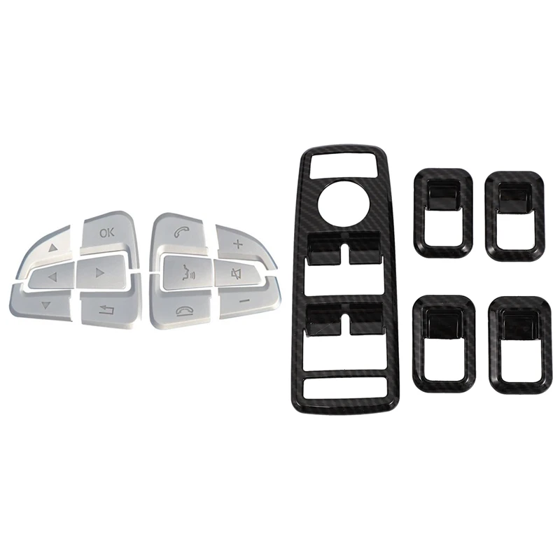 

2 Set Car Accessories: 1 Set Car Door Window Switch Cover Trims & 1 Set Car Steering Wheel Button Cover Trim Stickers