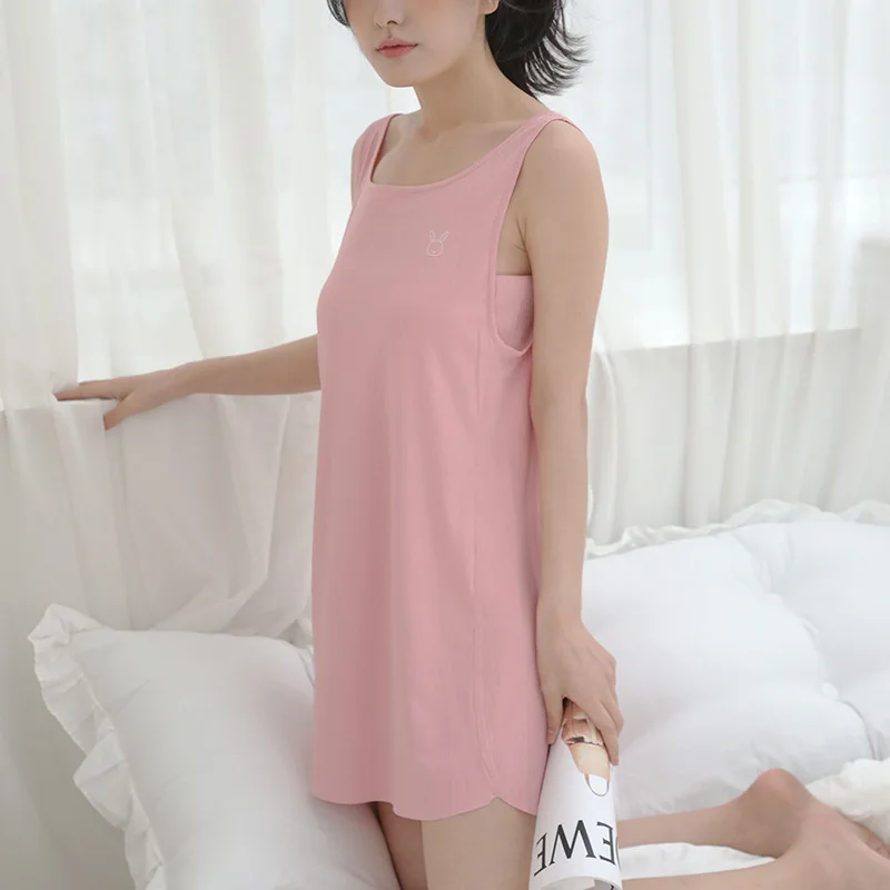Casual Loose Sleeveless Nightdress Women 2021 Summer Pure Solid Sexy Sling Nighgown Simple Pajamas Vest Basic Home Wear Dress