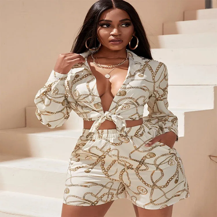 

2022 New Women Stand Collar Print Cardigan Shorts Two Pieces Suits Long Sleeve Shirts High Waist Wide Leg Short Sets Ladies