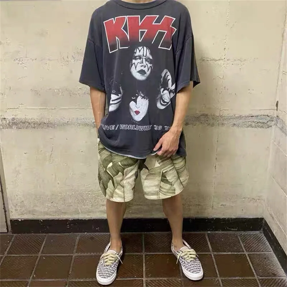 

New Kiss Rock Band Portrait Printed High-Street Oversize Loose Wearing Rose Same Retro O Neck Short-Sleeve Washed Man And Women