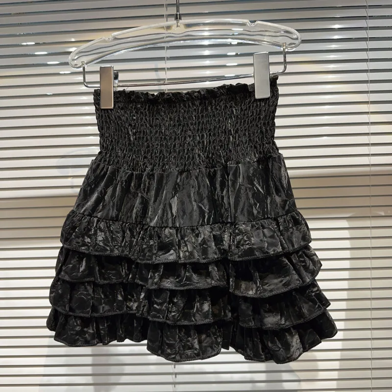 

BORVEMAYS Women Black Skirts Ruffles All-match Temperament Stretch High Waist Solid Color 2023 Autumn New WZ5332