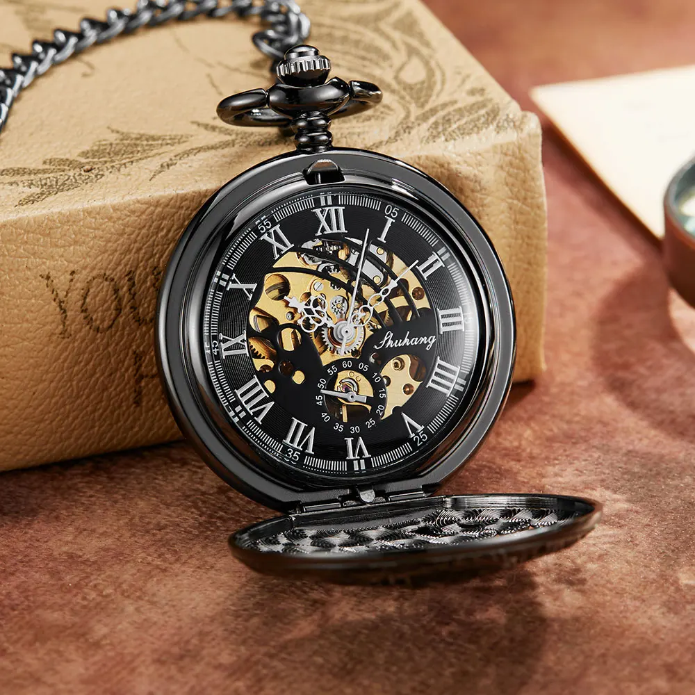 Vintage Black Dragon Phoenix Hollow Exquisite Sculpture Skeleton Mechanical Pocket Watches Retro Men Chains Lucky Lover Wedding