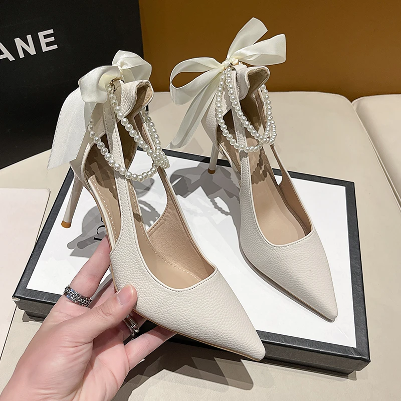

Stiletto White Party Wedding Women Shoes Sexy Pointed Toe String Bead Woman Shoes Office Lady Elegant Riband Tenis Feminino 2023