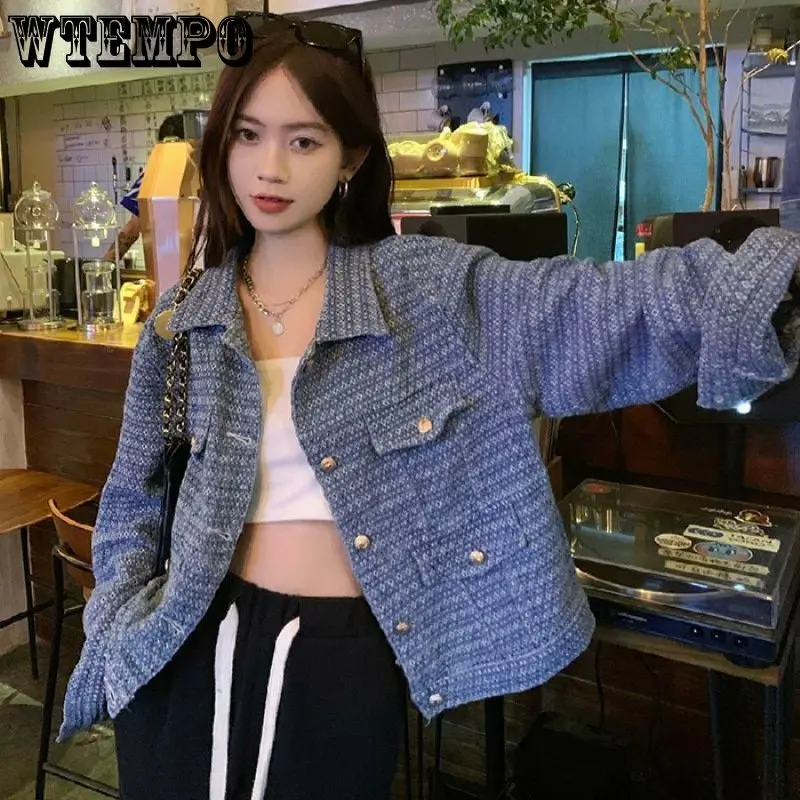

Short Vintage Denim Jacket Woven Jacquard Loose Cardigan Top Autumn Elegant Niche Long Sleeve Warm Coat Harajuku Women Jackets