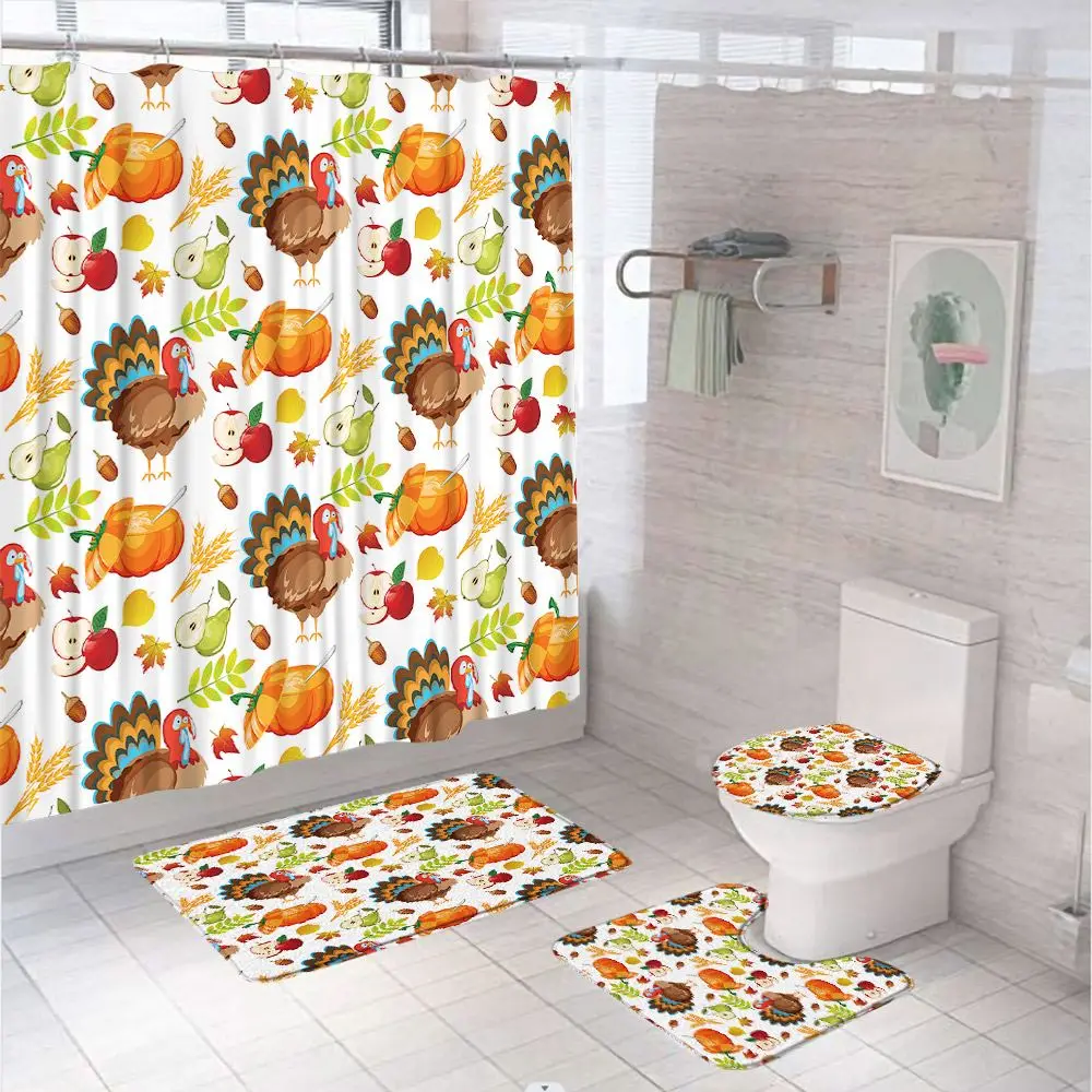 

Thanksgiving Turkey Shower Curtain Sets Autumn Harvest Pumpkin Leaves Bathroom Curtains With Bath Mats Pedestal Rug Toilet Cover
