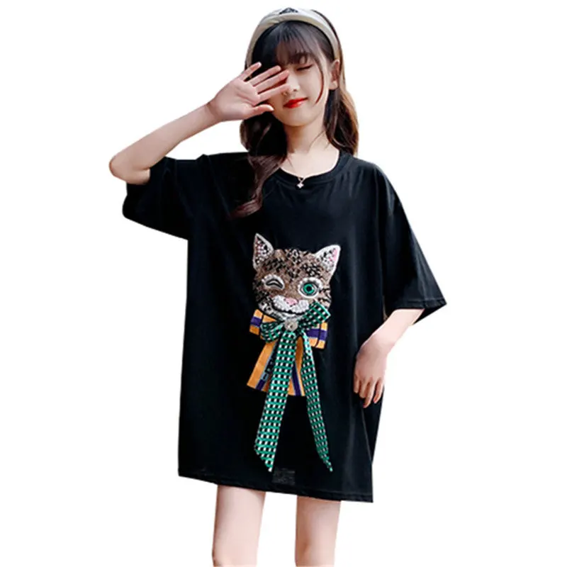 T-Shirts for Teenage Children's Clothing Summer Baby Girls Rhinestone Cartoon Cat Casual Tshirt 2022 New Korean Loose O-Neck Top
