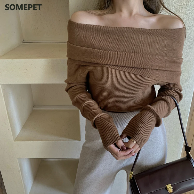 

New Chic Korean Elegant Solid Sweaters Vintage Sexy Slash Neck Long Sleeve Sueter Mujer Autumn Streetwear Jumper
