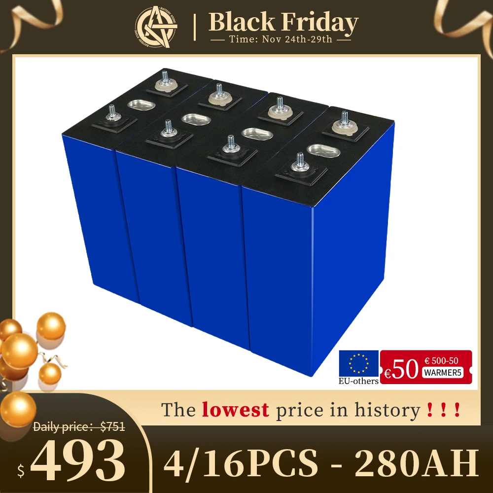 4/8/16/32PCS 280Ah Lifepo4 Battery 3.2V Deep Cycle Rechargeable Battery Pack Solar Energy System for 12V 24V 48V RV Golf Cart