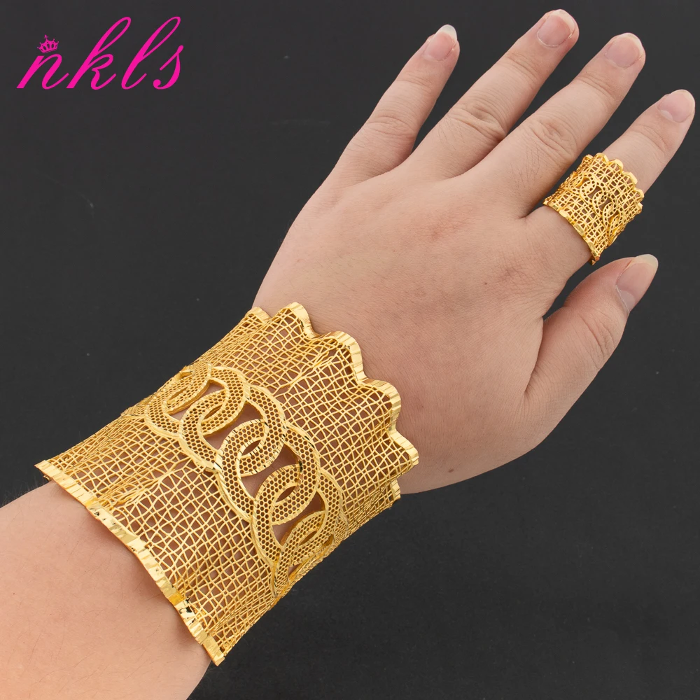 

African Luxury Cuff Bangle with Ring for Women 18k Gold Plated Large Bracelet Dubai New Design Jewelry Set Wedding Bride Gift