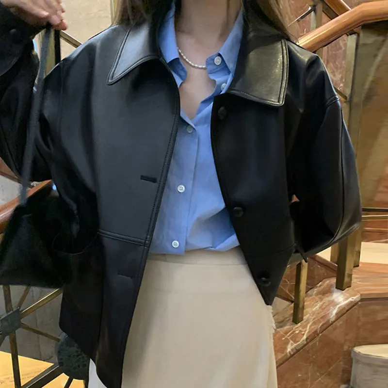 

Clothland Women Fashion Black PU Leather Jacket Pockets Long Sleeve Single Breasted Coat Chic Basic Casual Tops CA430