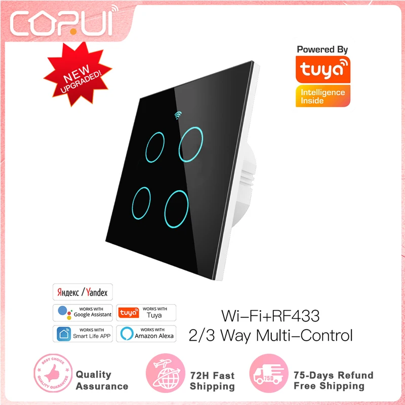 

Tuya WiFi RF Smart 4 Gang Glass Panel Switch Smart Life/Tuya App Multi-Control Voice Control With Alexa Google 2/3 Way EU