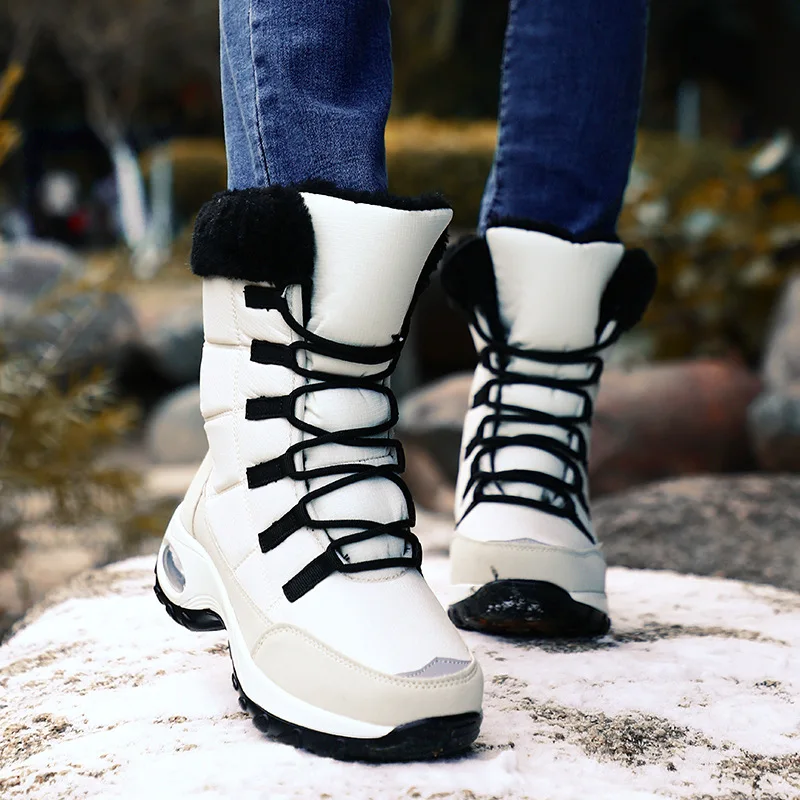 Women Snow Boots  Cotton Shoes PU Thick Warm Non Slip Round Shape Flat Large Size High Gang