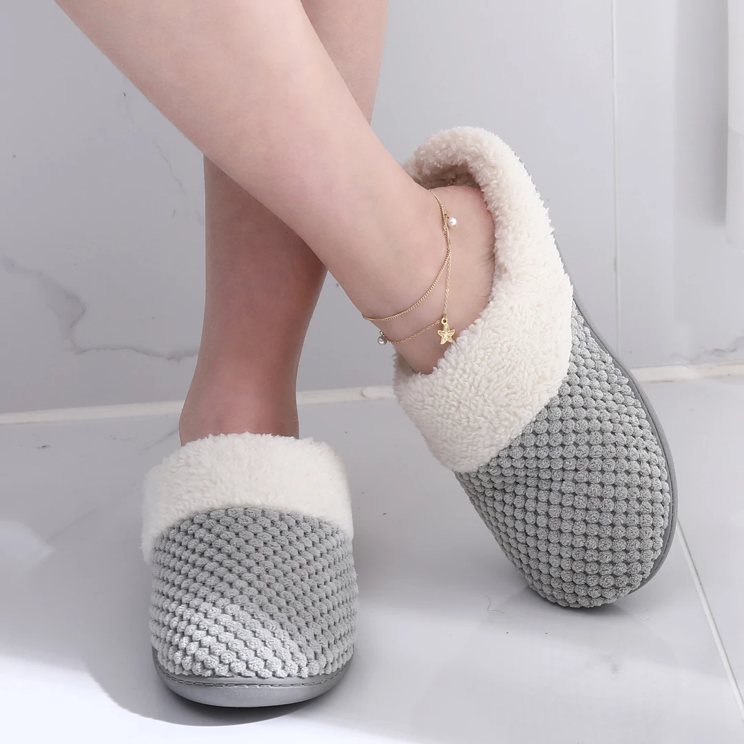 Comwarm Winter Plush Slippers Fluffy Women's Memory Foam Fuzzy Slippers Coral Fleece Lined Indoor Bedroom Rubber Sole Plat Shoes