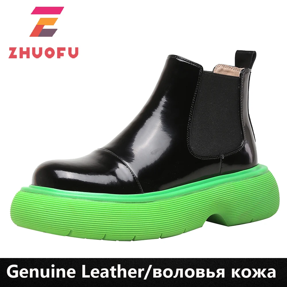 

ZHUOFU Ankle Platform Boots 2023 New Fashion Genuine Leather Slip On Women Boots Ladies Flat With Heels Shoes