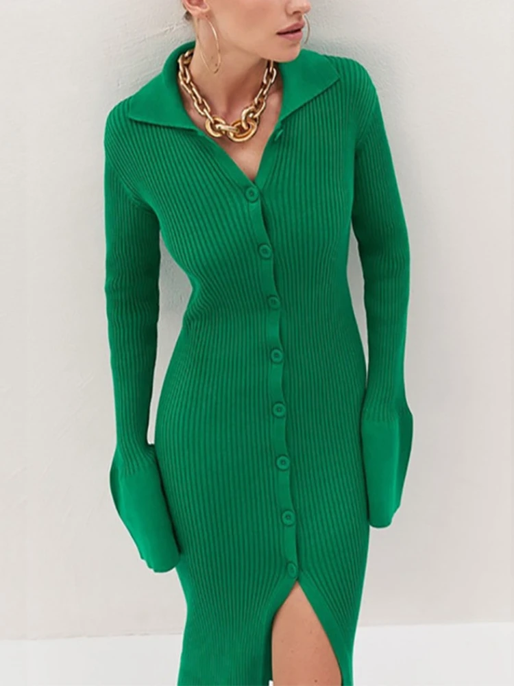 

Женское трикотажное платье макси с длинным рукавом, элегантное платье с разрезом, платье-свитер, однобортные облегающие Женские платья, нов...