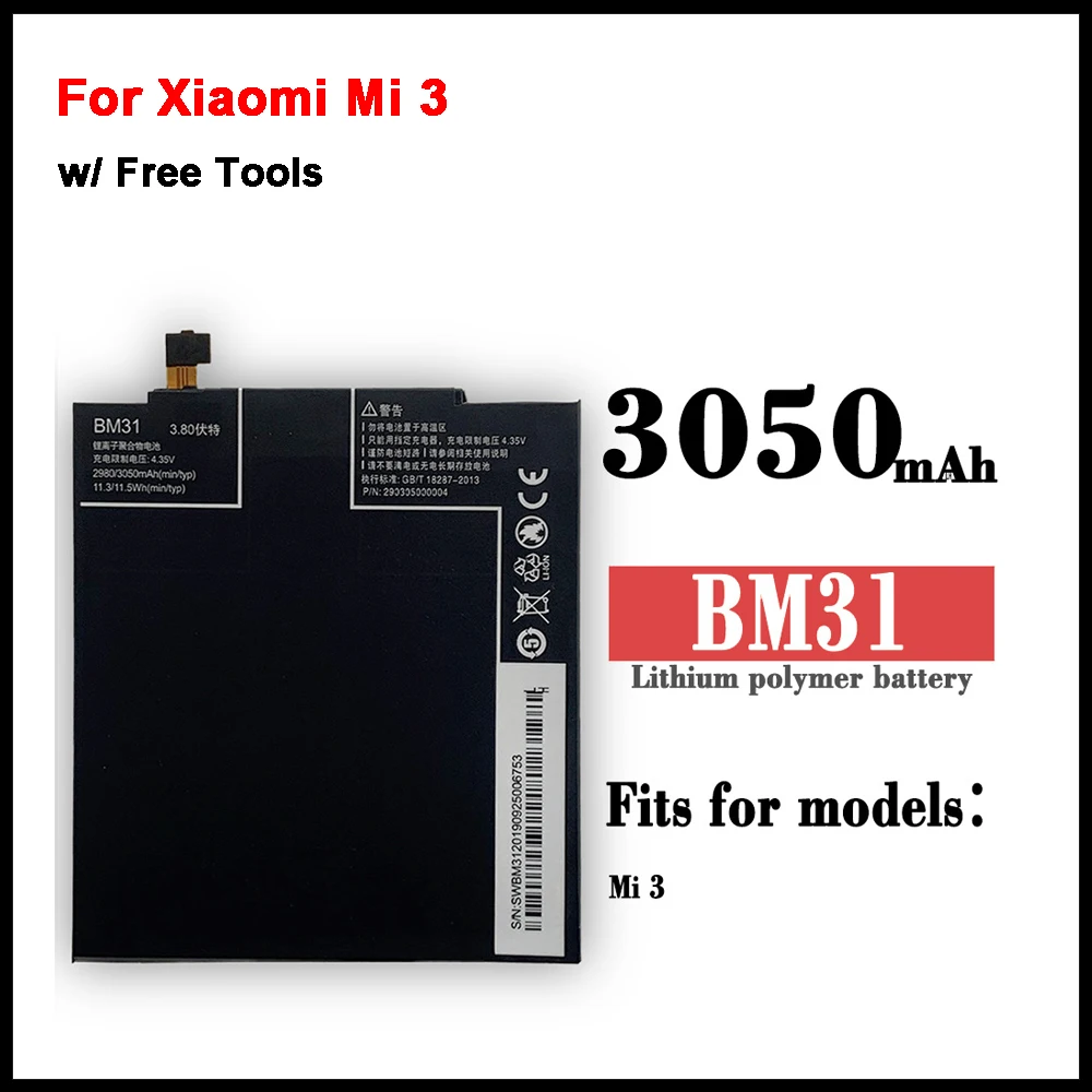 

New 100% Orginal 3050mAh BM31 Phone Battery For Xiaomi Mi 3 M3 Mi3 Batteries Bateria With Gift Tools+Stickers