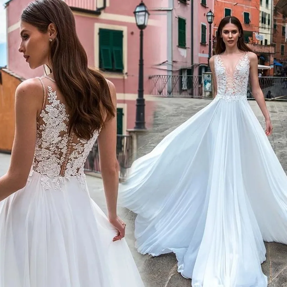 

Boho V-Neck Sleeveless Wedding Dress Lace Appliques Elegant A-Line Bridal Gown Illusion Button Chiffon Beach Vestido De Novia